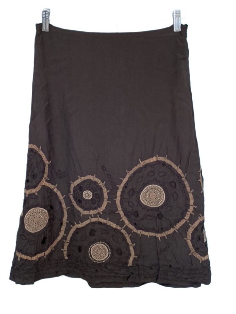 Chico’s Brown Embroidered Appliqué Midi Skirt Boho A-Line Lined Size 4